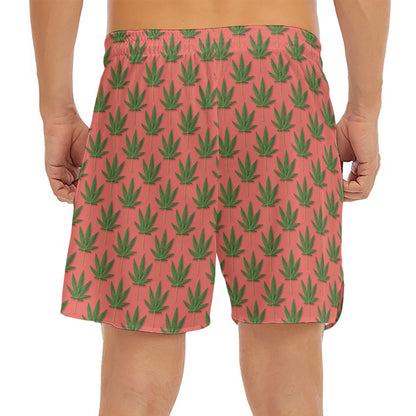 Green And Pink Cannabis Leaf Print Men's Split Running Shorts