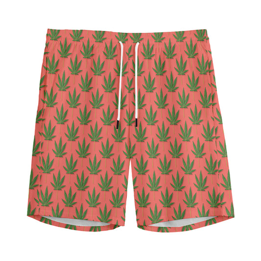 Green And Pink Cannabis Leaf Print Men's Sports Shorts