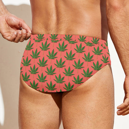 Green And Pink Cannabis Leaf Print Men's Swim Briefs