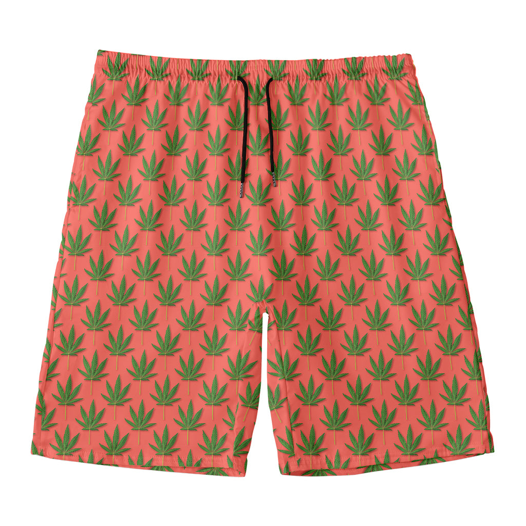 Green And Pink Cannabis Leaf Print Men's Swim Trunks