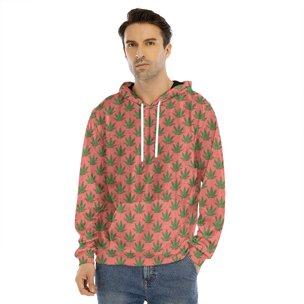 Green And Pink Cannabis Leaf Print Men's Velvet Pullover Hoodie