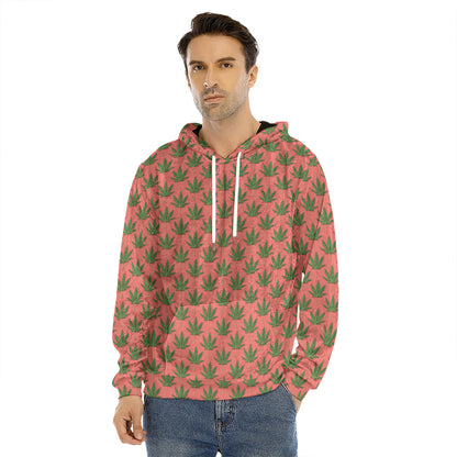 Green And Pink Cannabis Leaf Print Men's Velvet Pullover Hoodie