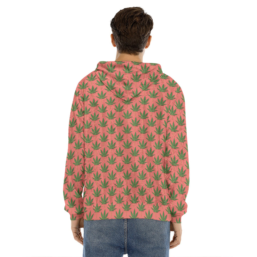 Green And Pink Cannabis Leaf Print Men's Velvet Pullover Hoodie