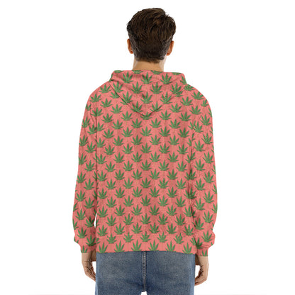 Green And Pink Cannabis Leaf Print Men's Velvet Pullover Hoodie