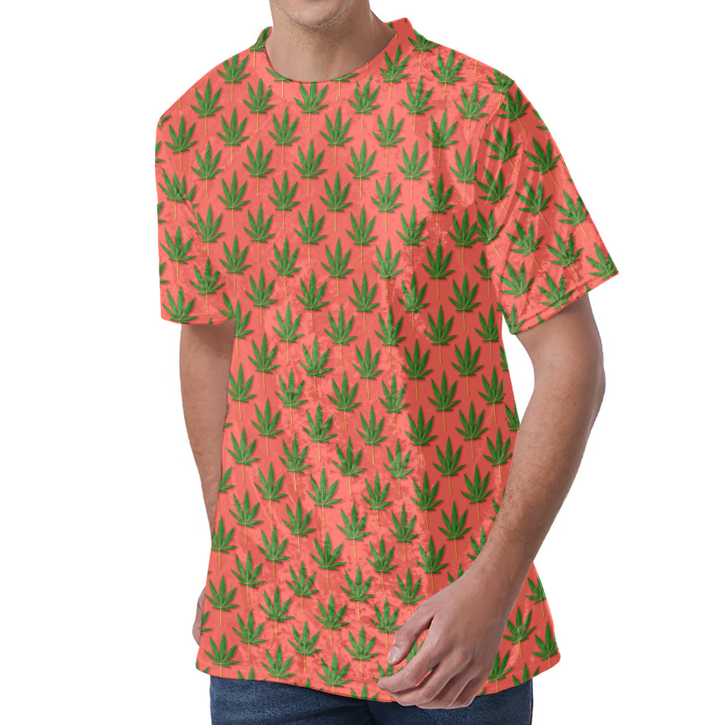 Green And Pink Cannabis Leaf Print Men's Velvet T-Shirt