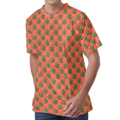 Green And Pink Cannabis Leaf Print Men's Velvet T-Shirt