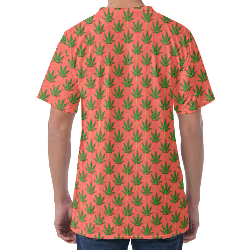 Green And Pink Cannabis Leaf Print Men's Velvet T-Shirt