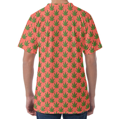 Green And Pink Cannabis Leaf Print Men's Velvet T-Shirt