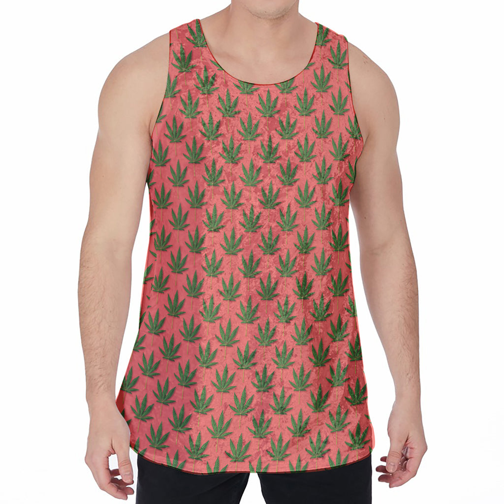 Green And Pink Cannabis Leaf Print Men's Velvet Tank Top