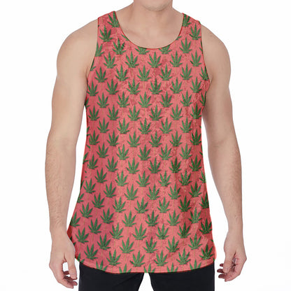 Green And Pink Cannabis Leaf Print Men's Velvet Tank Top