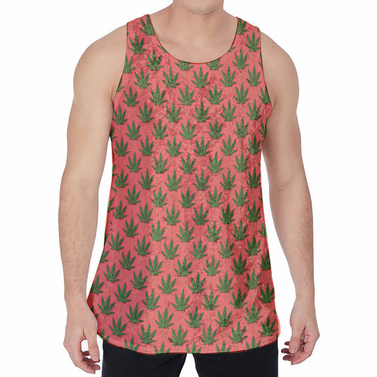 Green And Pink Cannabis Leaf Print Men's Velvet Tank Top
