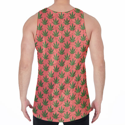 Green And Pink Cannabis Leaf Print Men's Velvet Tank Top