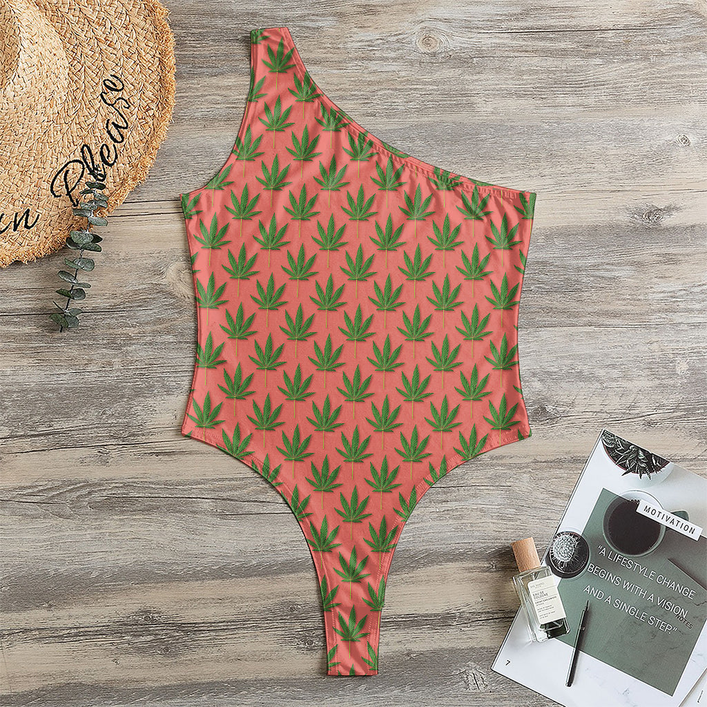 Green And Pink Cannabis Leaf Print One Shoulder Bodysuit