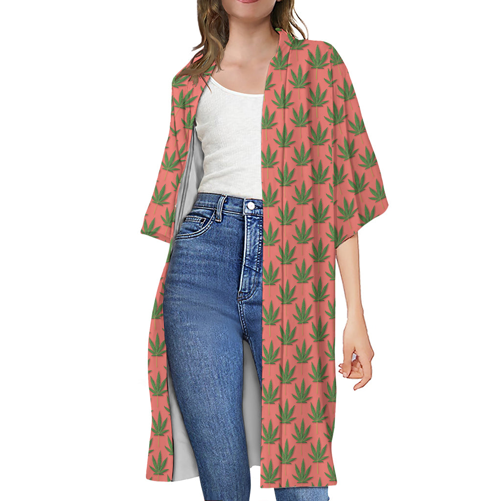 Green And Pink Cannabis Leaf Print Open Front Beach Cover Up