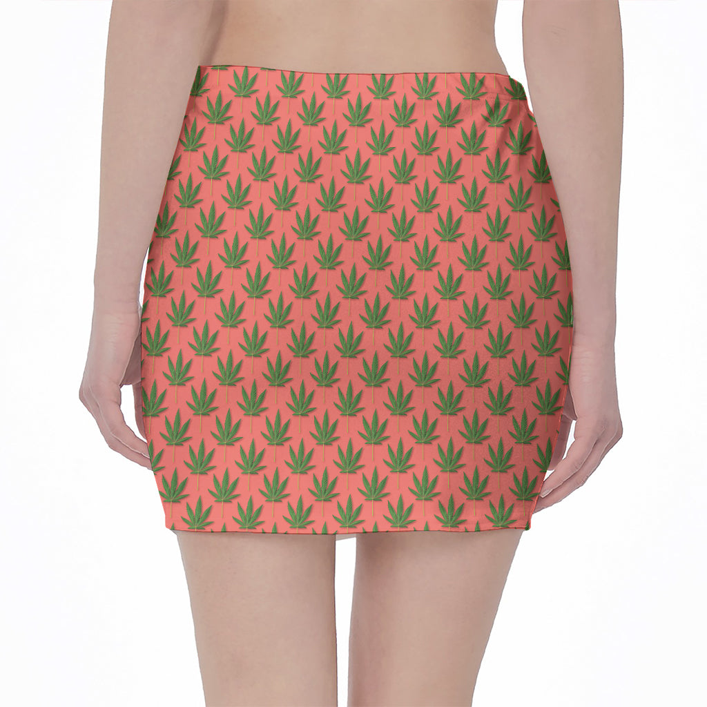 Green And Pink Cannabis Leaf Print Pencil Mini Skirt