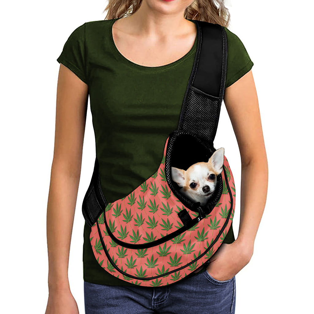 Green And Pink Cannabis Leaf Print Pet Sling Carrier