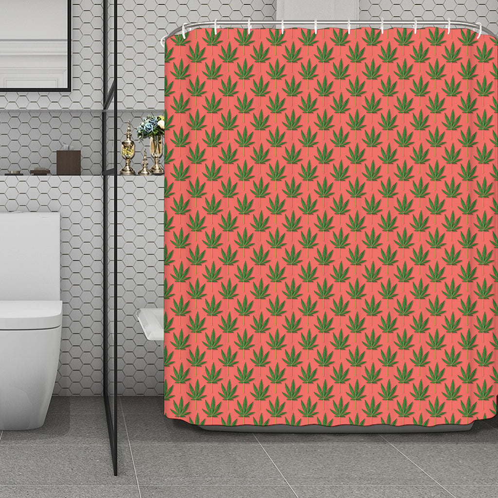 Green And Pink Cannabis Leaf Print Polyester Shower Curtain