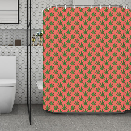 Green And Pink Cannabis Leaf Print Polyester Shower Curtain
