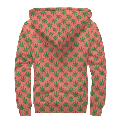 Green And Pink Cannabis Leaf Print Sherpa Lined Zip Up Hoodie