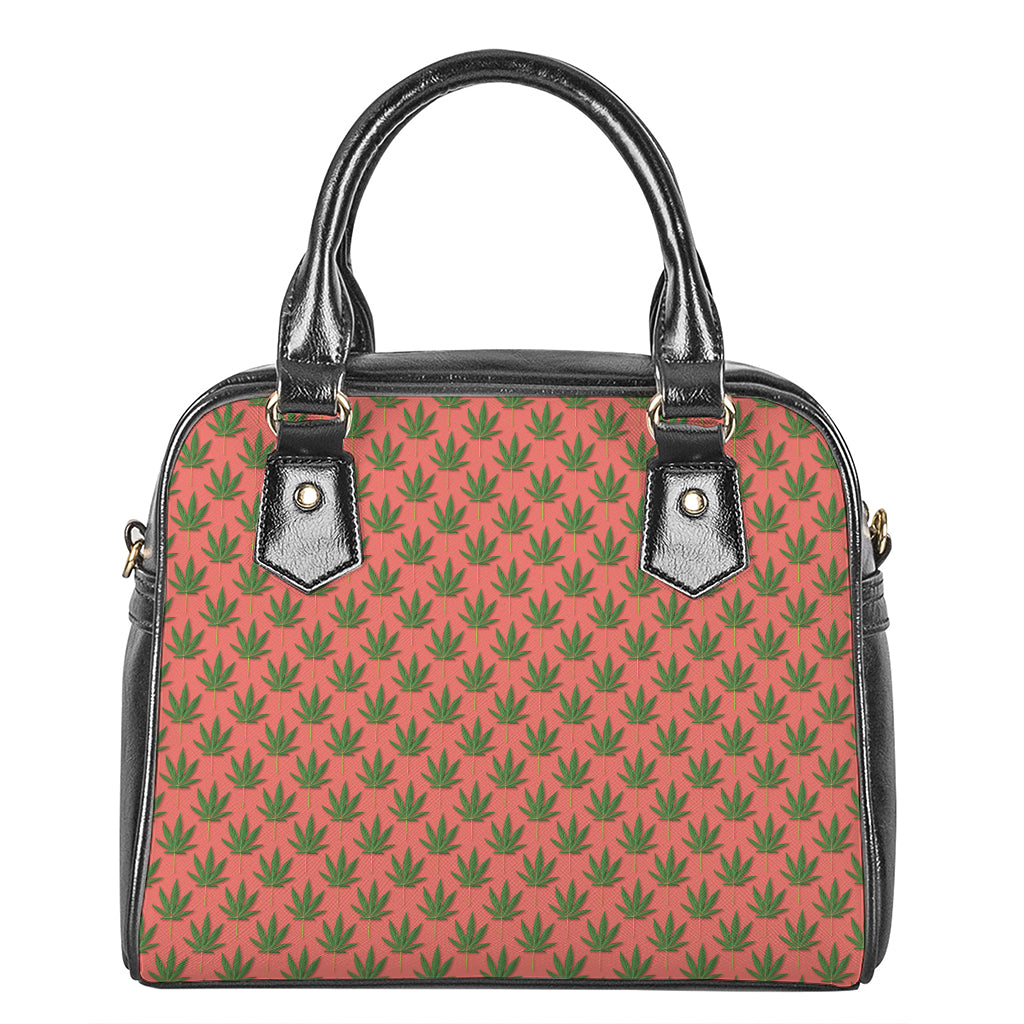 Green And Pink Cannabis Leaf Print Shoulder Handbag