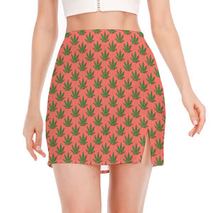 Green And Pink Cannabis Leaf Print Side Slit Mini Skirt