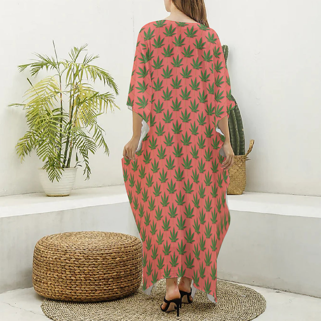 Green And Pink Cannabis Leaf Print Silk V-Neck Kaftan Dress
