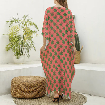 Green And Pink Cannabis Leaf Print Silk V-Neck Kaftan Dress