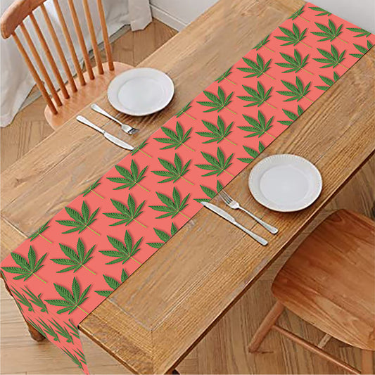 Green And Pink Cannabis Leaf Print Table Runner