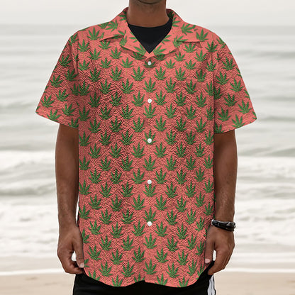 Green And Pink Cannabis Leaf Print Textured Short Sleeve Shirt