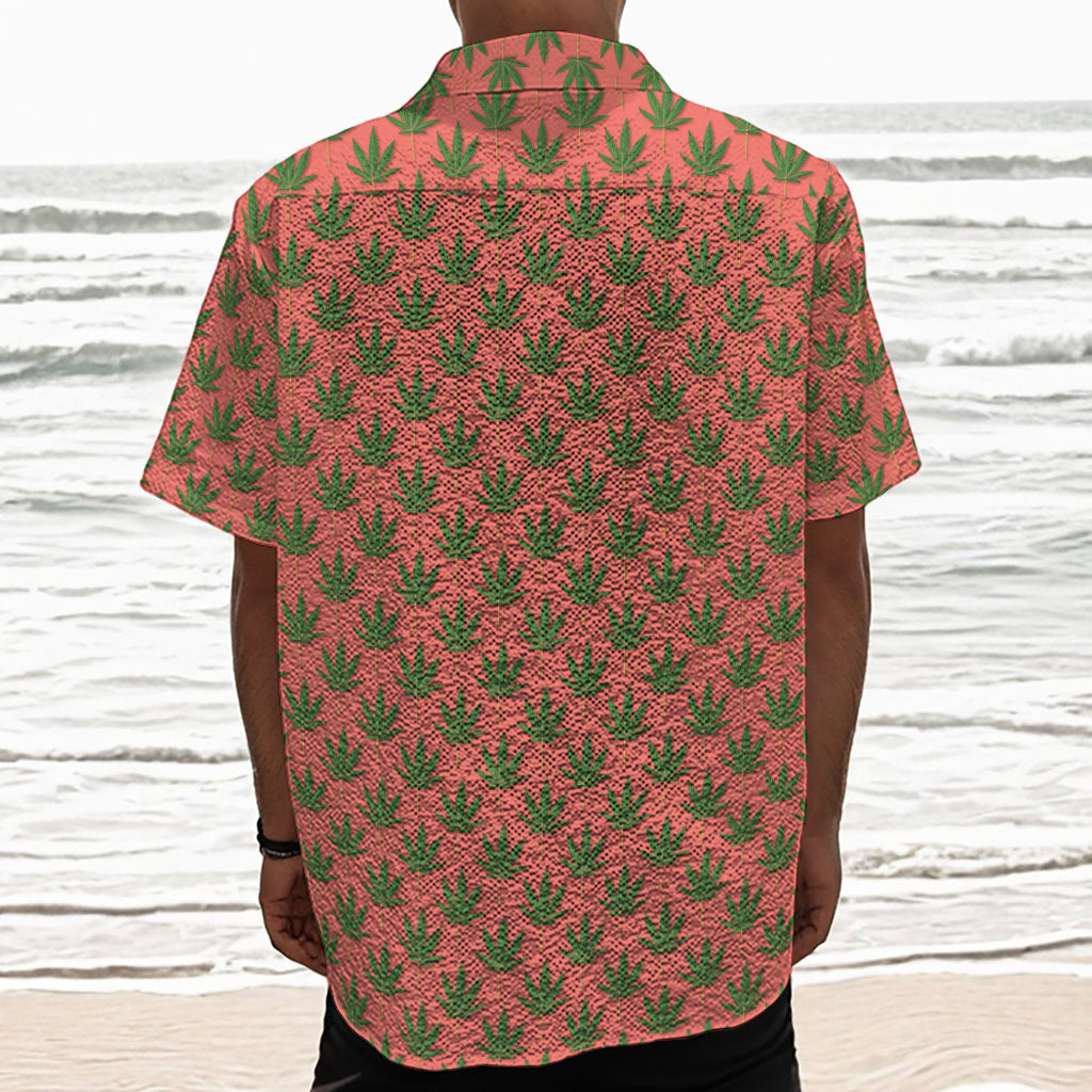 Green And Pink Cannabis Leaf Print Textured Short Sleeve Shirt