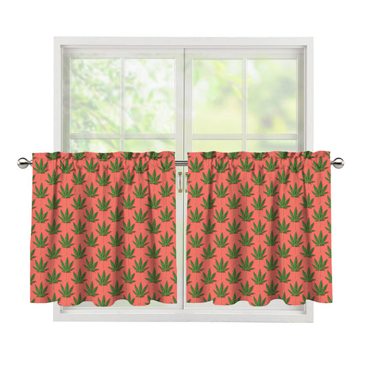 Green And Pink Cannabis Leaf Print Tier Curtains
