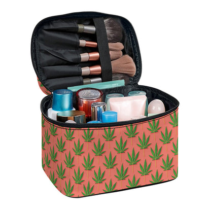 Green And Pink Cannabis Leaf Print Travel Makeup Bag