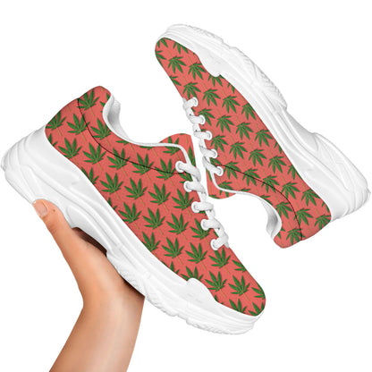Green And Pink Cannabis Leaf Print White Chunky Shoes