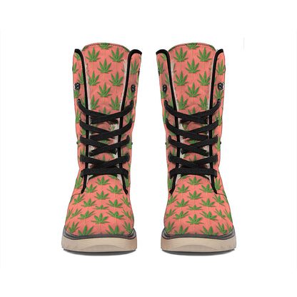 Green And Pink Cannabis Leaf Print Winter Boots