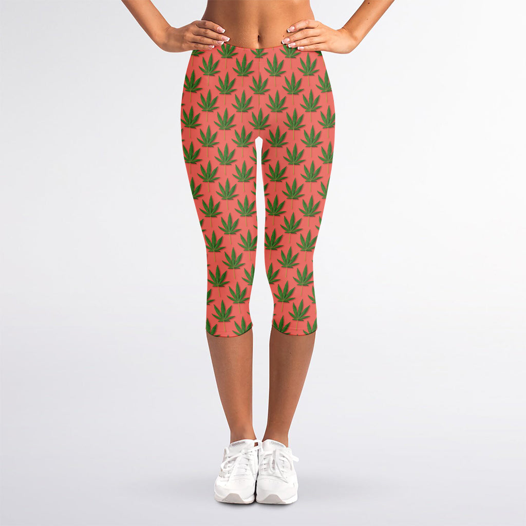 Green And Pink Cannabis Leaf Print Women's Capri Leggings