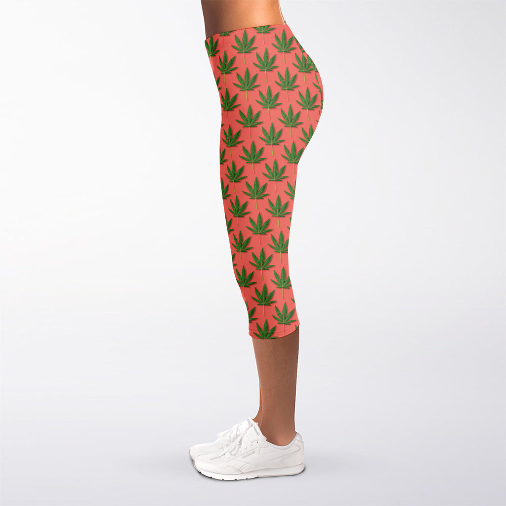 Green And Pink Cannabis Leaf Print Women's Capri Leggings