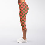 Green And Pink Cannabis Leaf Print Women's Capri Leggings