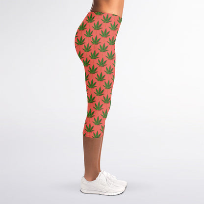 Green And Pink Cannabis Leaf Print Women's Capri Leggings