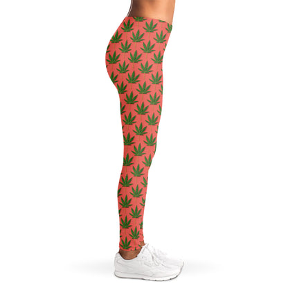 Green And Pink Cannabis Leaf Print Women's Leggings