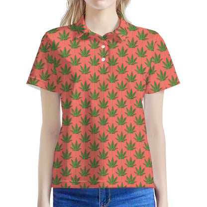 Green And Pink Cannabis Leaf Print Women's Polo Shirt