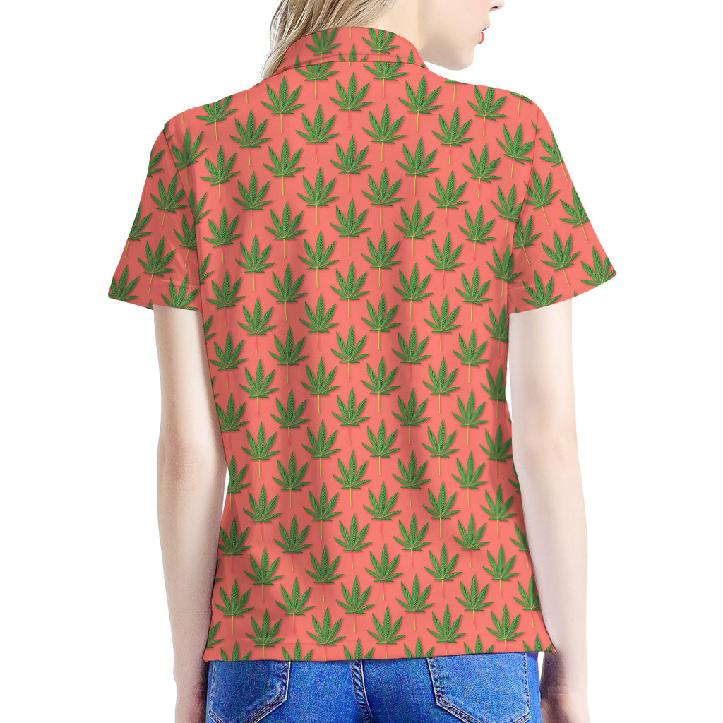 Green And Pink Cannabis Leaf Print Women's Polo Shirt