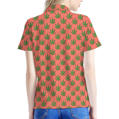 Green And Pink Cannabis Leaf Print Women's Polo Shirt