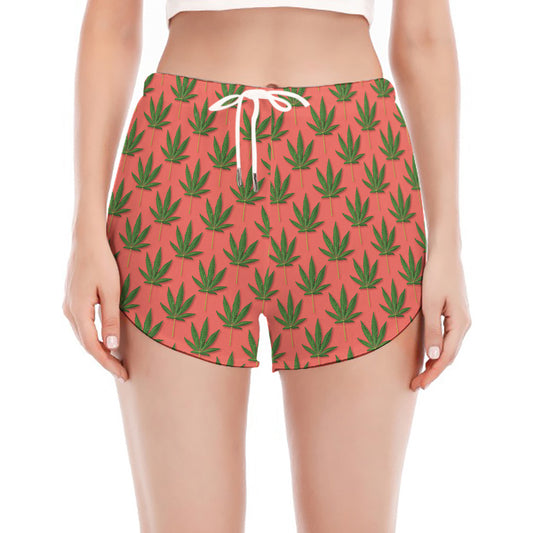 Green And Pink Cannabis Leaf Print Women's Split Running Shorts