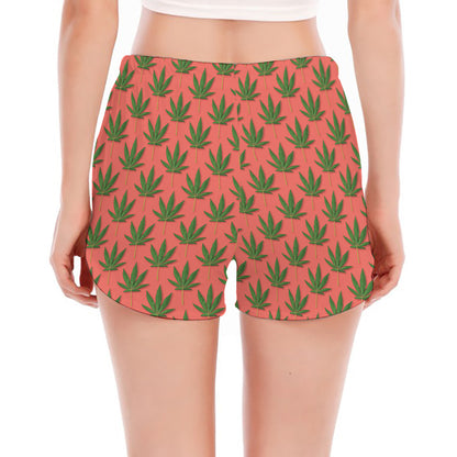 Green And Pink Cannabis Leaf Print Women's Split Running Shorts
