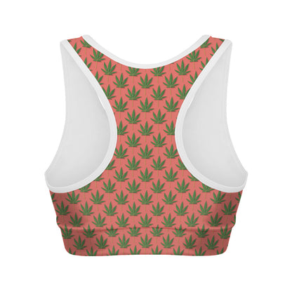 Green And Pink Cannabis Leaf Print Women's Sports Bra