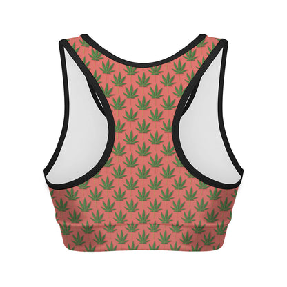 Green And Pink Cannabis Leaf Print Women's Sports Bra