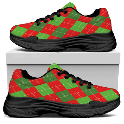 Green And Red Argyle Pattern Print Black Chunky Shoes