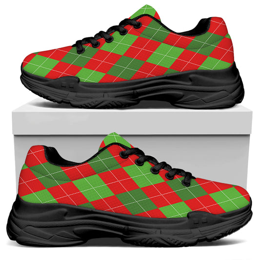 Green And Red Argyle Pattern Print Black Chunky Shoes