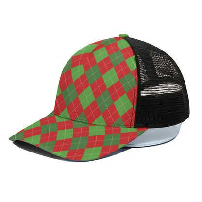 Green And Red Argyle Pattern Print Black Mesh Trucker Cap