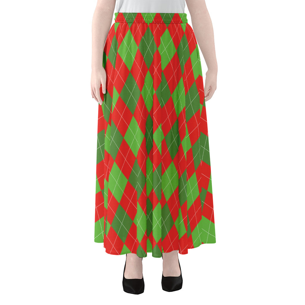 Green And Red Argyle Pattern Print Chiffon Maxi Skirt
